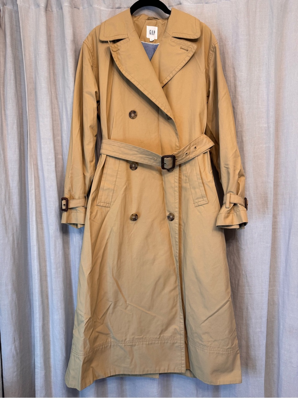 GAP Classic Double Breasted Trench Coat Khaki Tan Chambray Small EXCELLENT